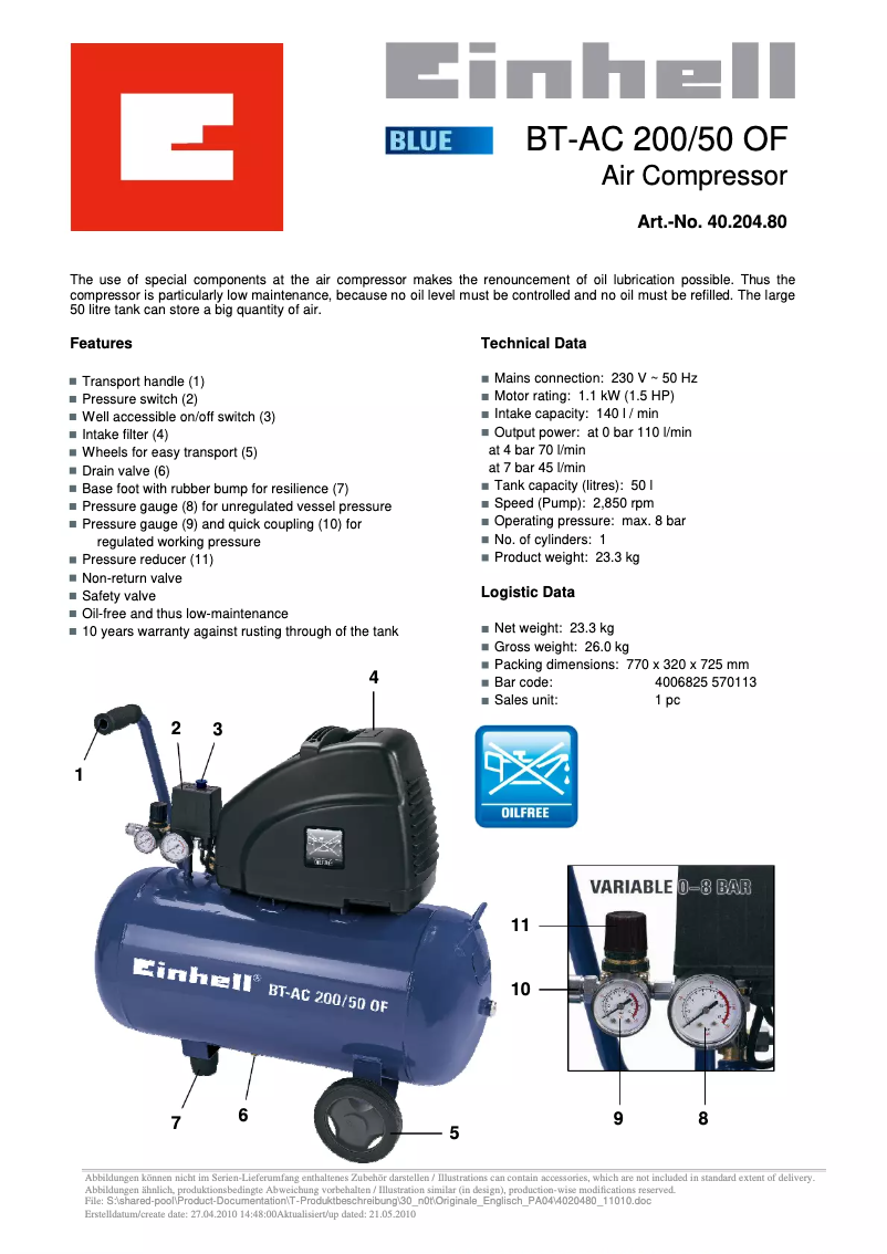 Page 1 of the manual Technical Sheet Einhell BT-AC 200/50 OF