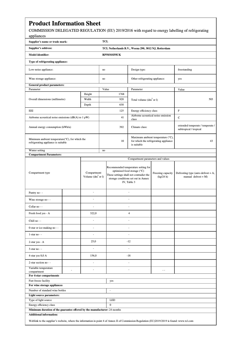 Page 1 of the manual Technical Sheet TCL RP503SSF0