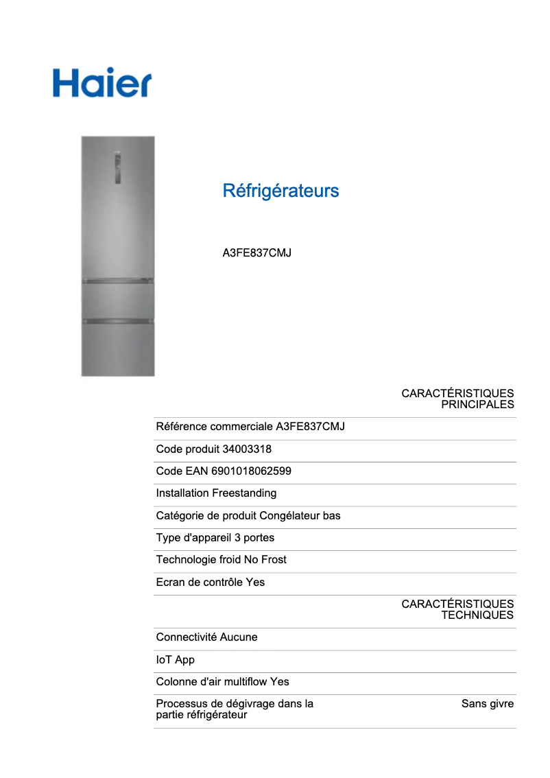 Page 1 of the manual Technical Sheet Haier A3FE837CMJ