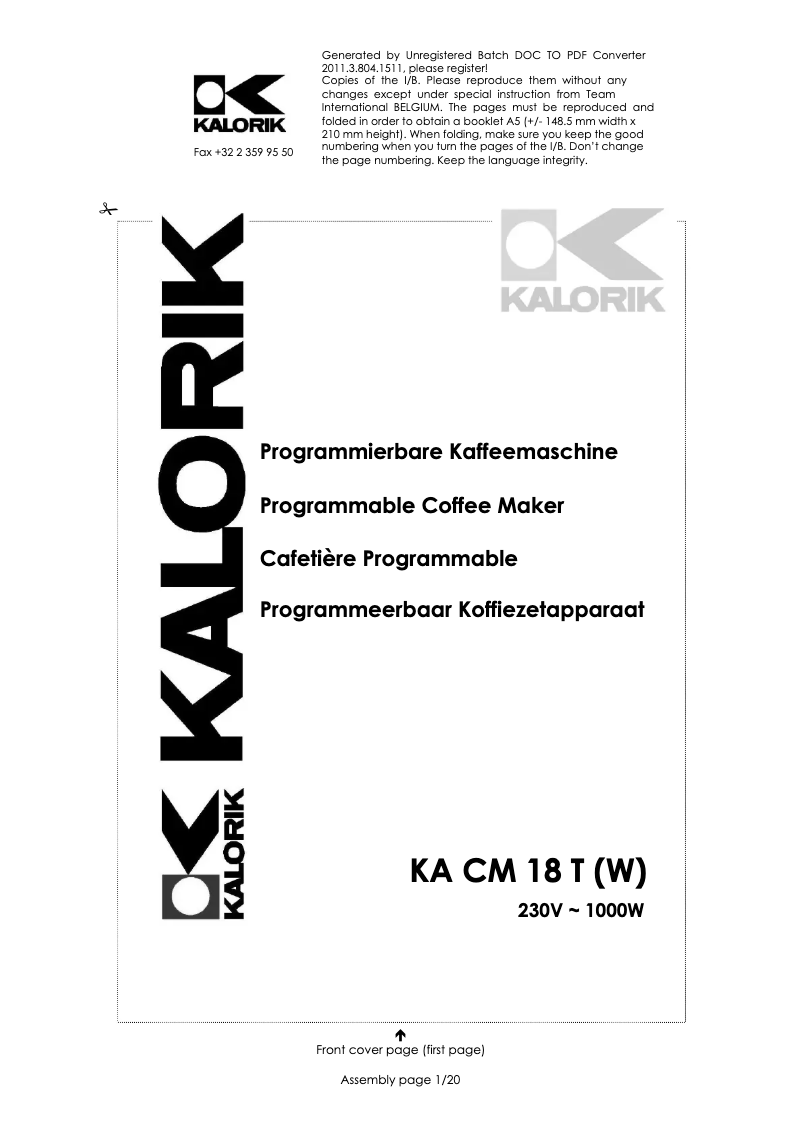 Page 1 of the manual User Manual Kalorik KA CM 18 T W