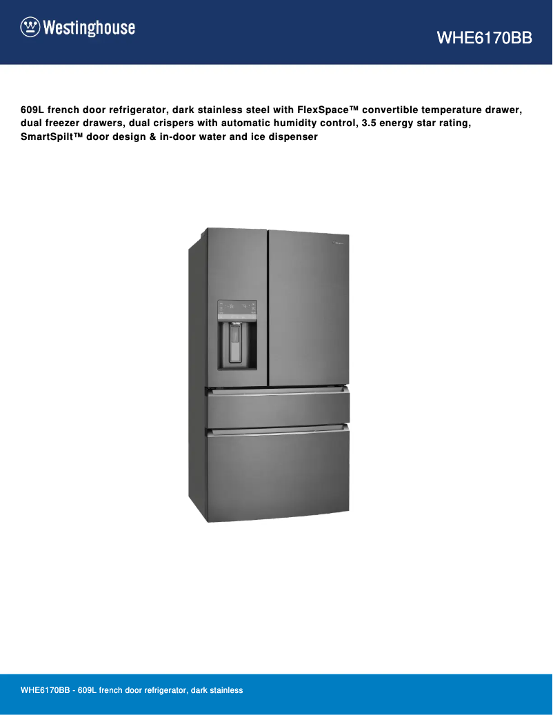 Page 1 of the manual Technical Sheet Westinghouse WHE6170BB