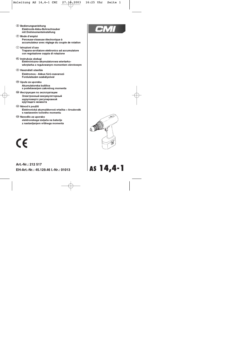 Page 1 of the manual User Manual CMI AS 14,4/1