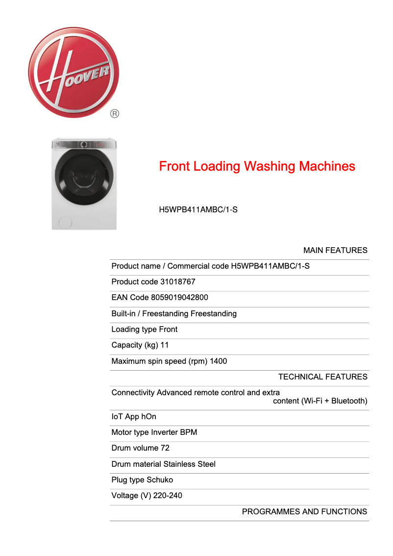 First page image of the manual for H5WPB411AMBC/1-S