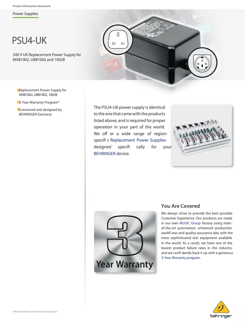 Page 1 of the manual User Manual Behringer PSU4-UK