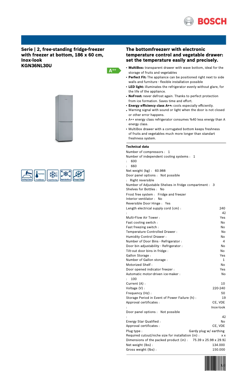Page 1 of the manual Technical Sheet Bosch KGN36NL30U