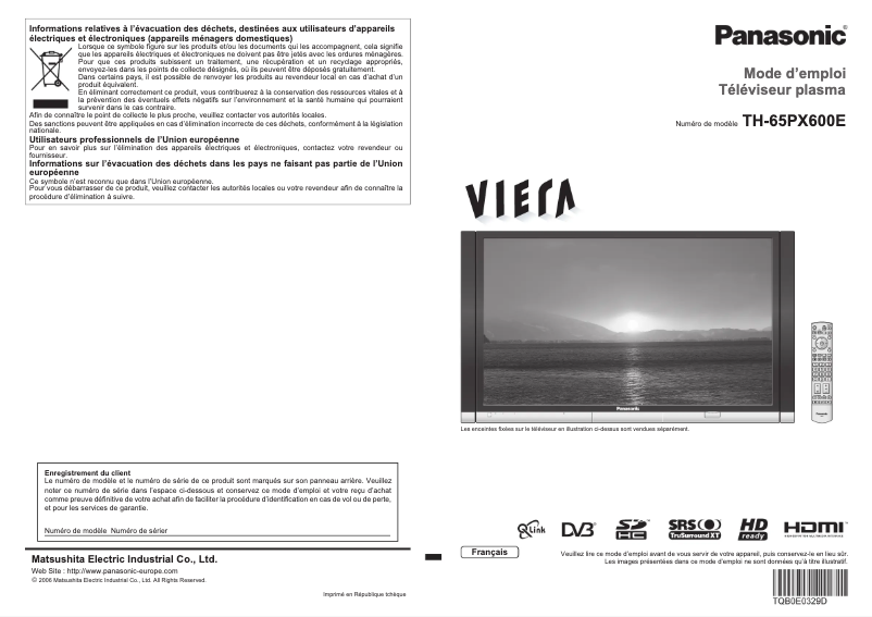 First page image of the manual for TH-65PX600E