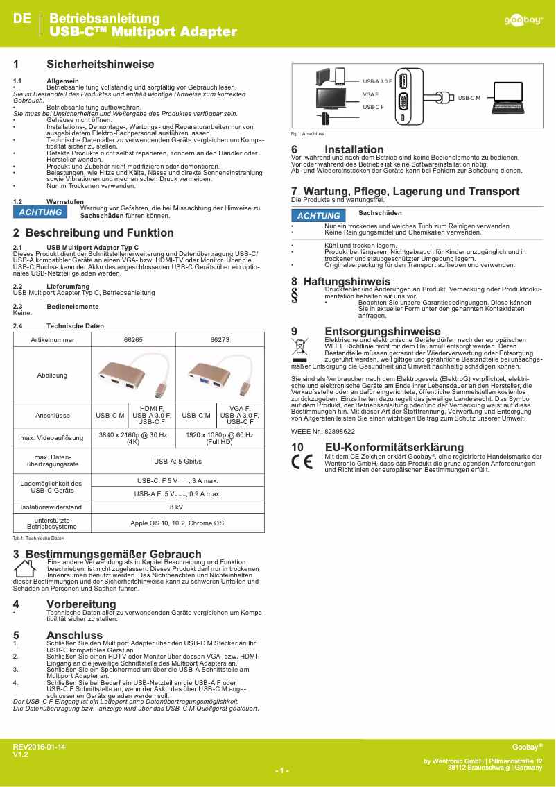 Page 1 of the manual User Manual Wentronic 66273
