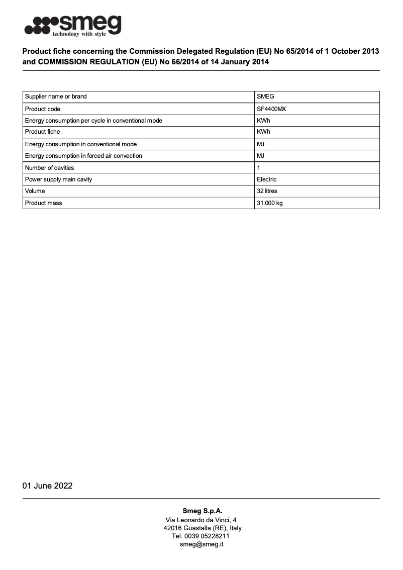 Page 1 of the manual Brochure Smeg SF4400MX