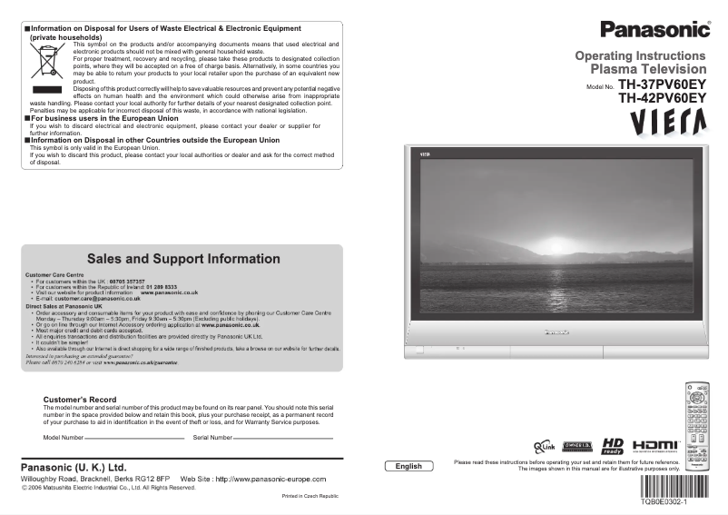 Page 1 of the manual User Manual Panasonic Viera TH-37PV60EY