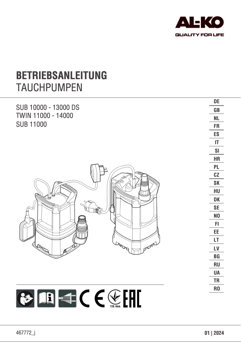 Page 1 of the manual User Manual AL-KO Sub 10000 DS