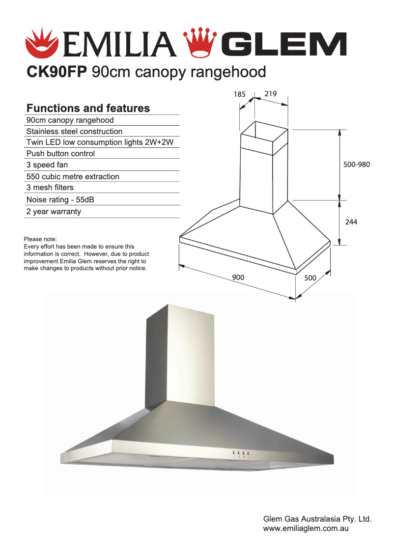 Page 1 of the manual Technical Sheet Glem Gas CK90FP