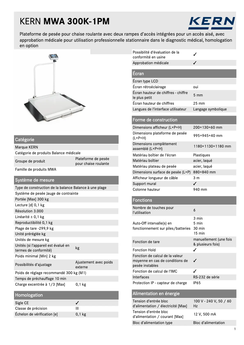 Page 1 of the manual Technical Sheet Kern MWA 300K-1PNM