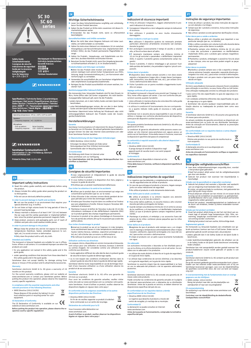 Page 1 of the manual Safety Instructions Sennheiser SC 60 USB CTRL