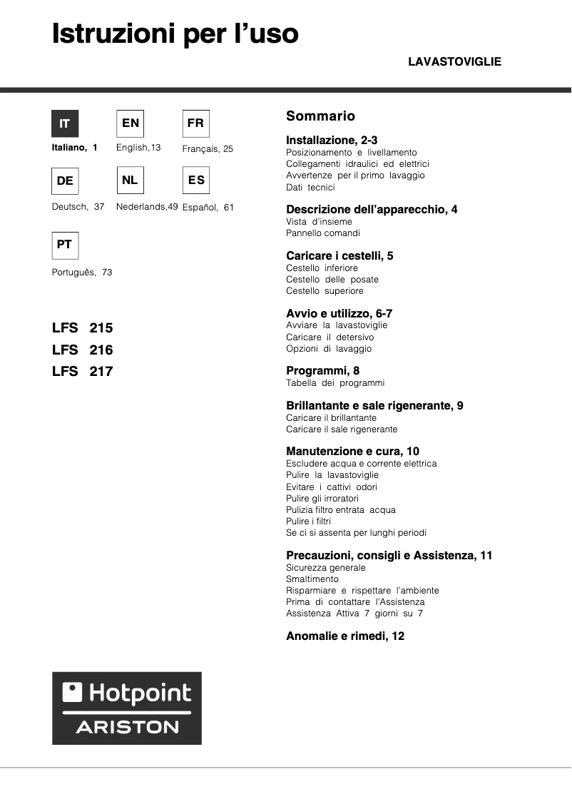 Page 1 of the manual User Manual Hotpoint Ariston LFS 217 A BK/HA