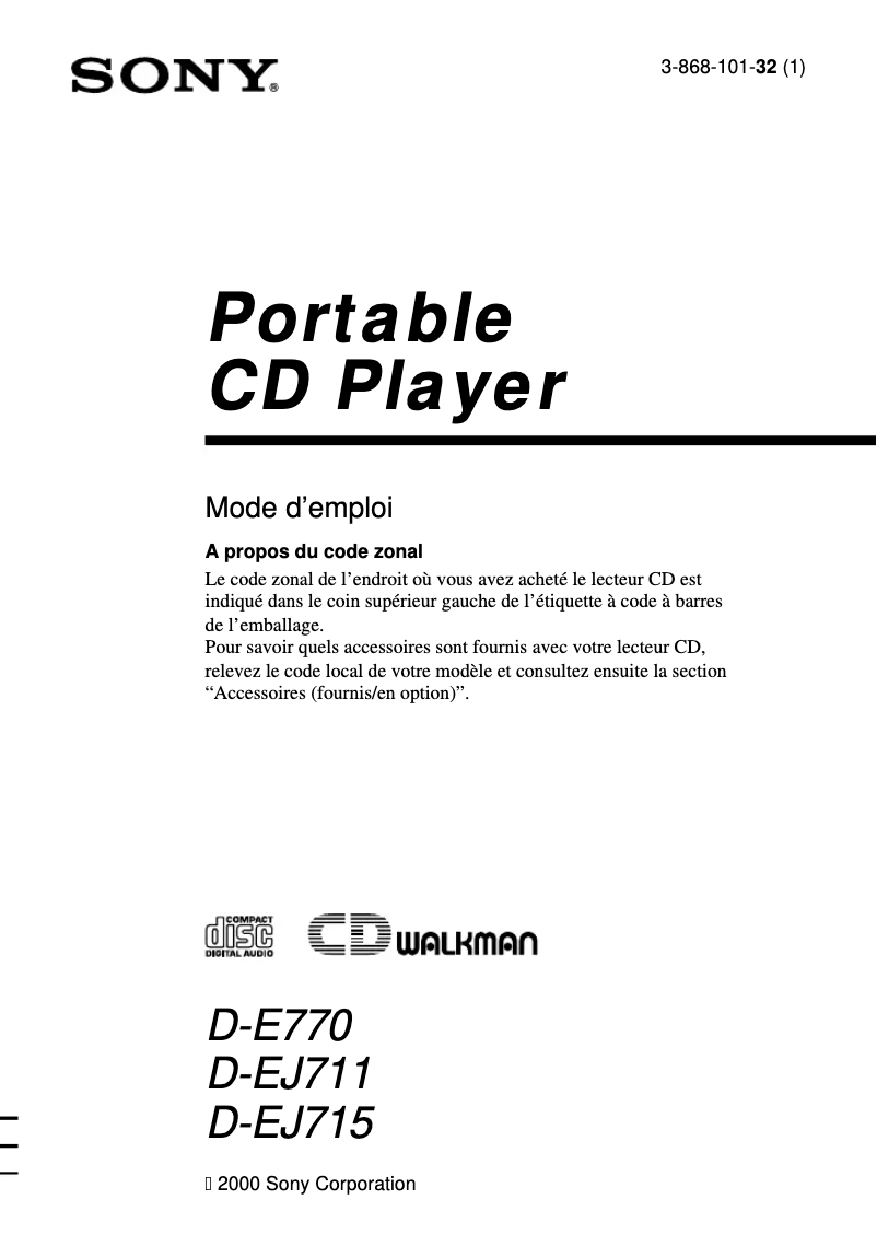 Page 1 of the manual User Manual Sony Walkman D-E770