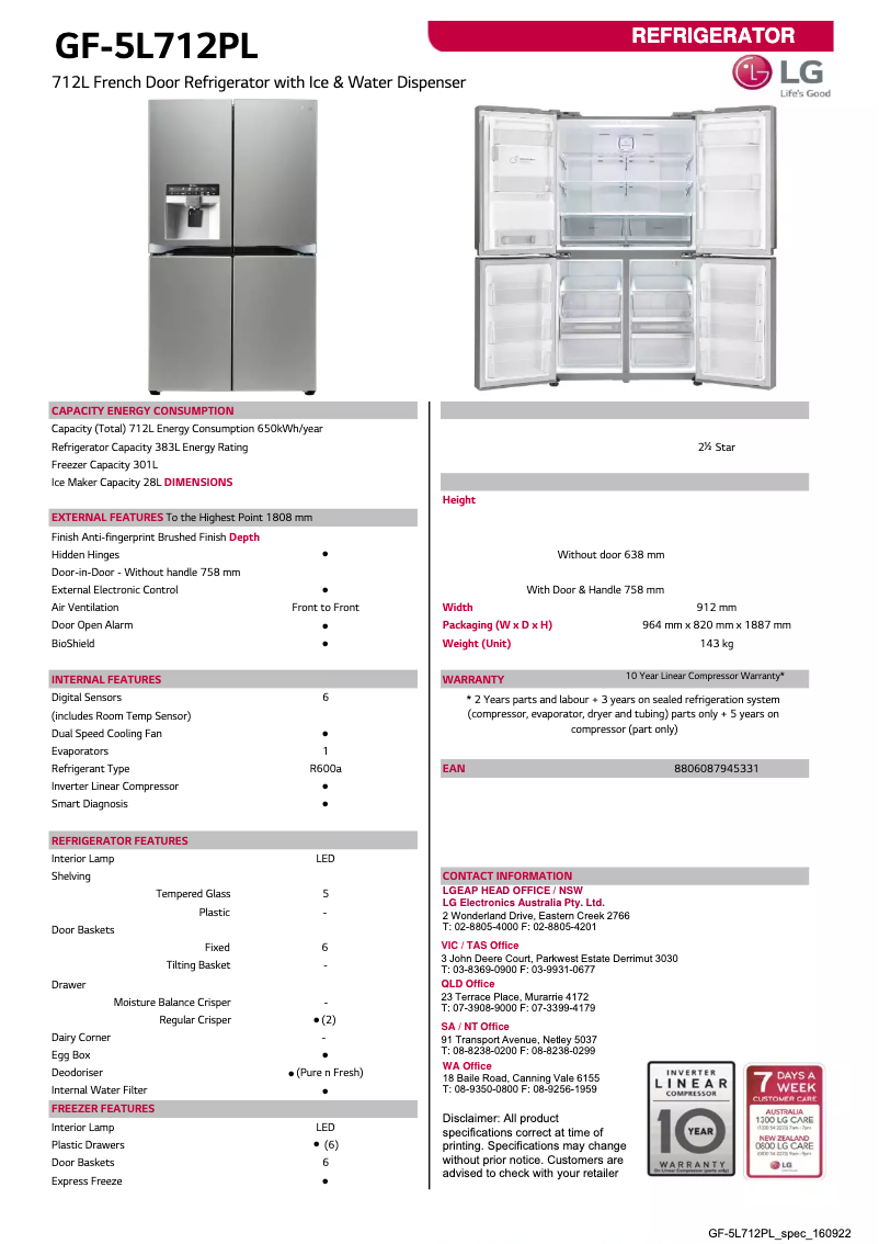 Page 1 of the manual Technical Sheet LG GF-5L712PL