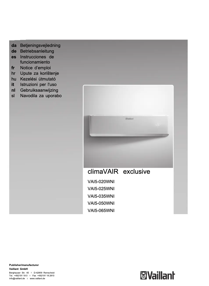 First page image of the manual for climaVAIR exclusive VAI5-025WNI