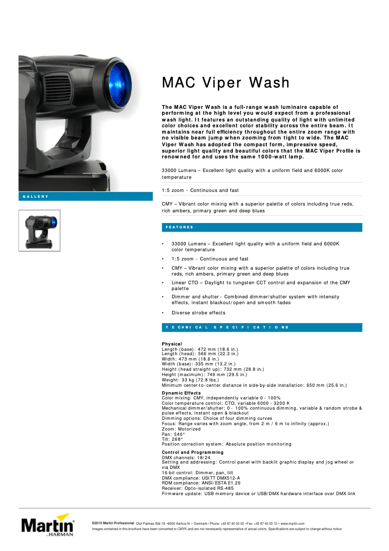 Page 1 of the manual Technical Sheet Martin MAC Viper Wash