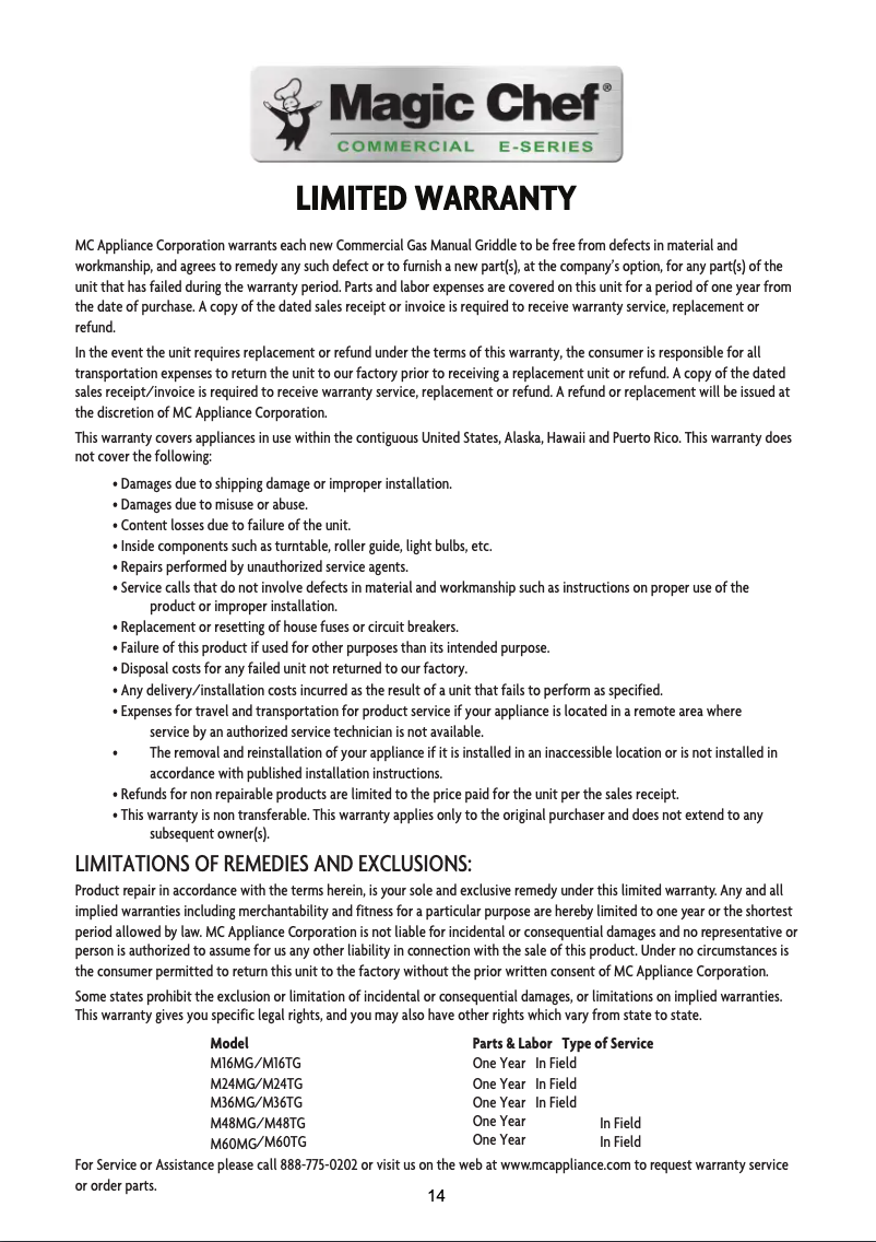 Page 1 de la notice Informations de garantie Magic Chef M24TG