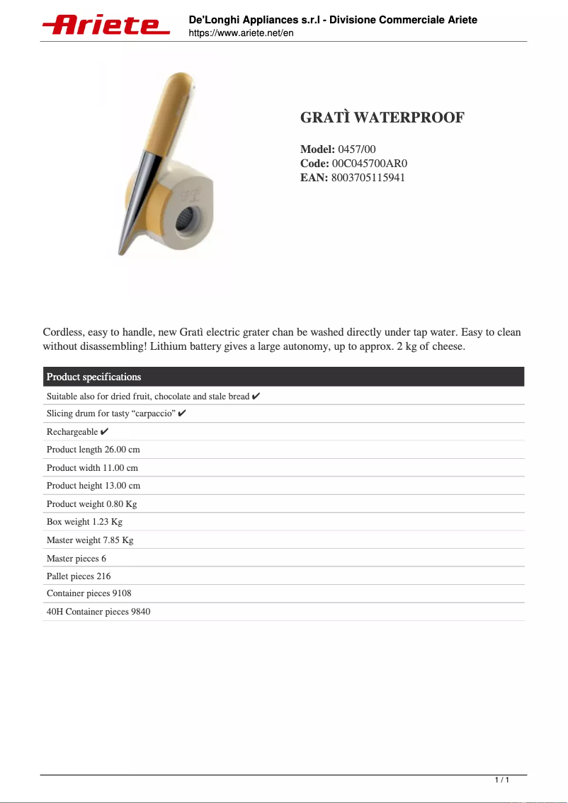 Page 1 de la notice Fiche technique Ariete Gratì 457