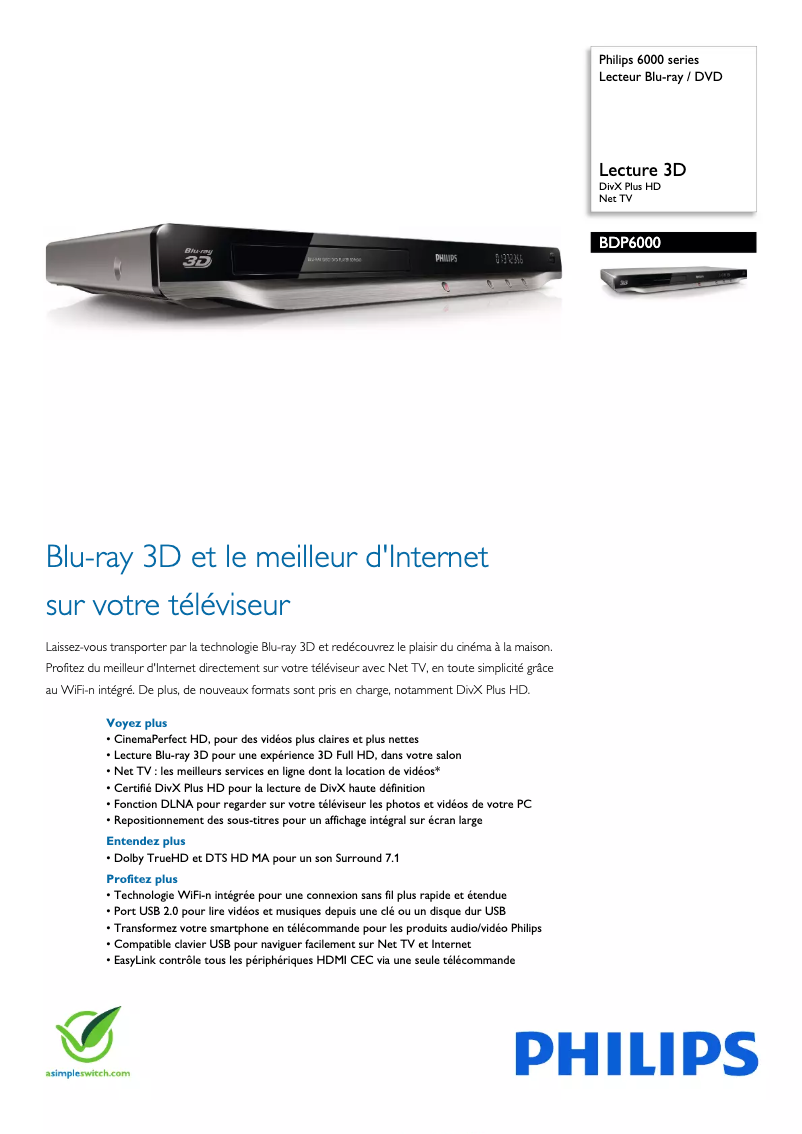 Page 1 of the manual Technical Sheet Philips BDP6000