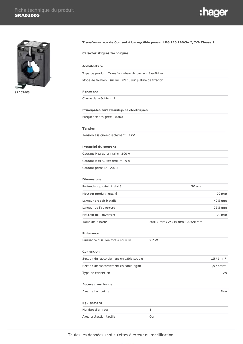 Page 1 of the manual Technical Sheet Hager SRA02005