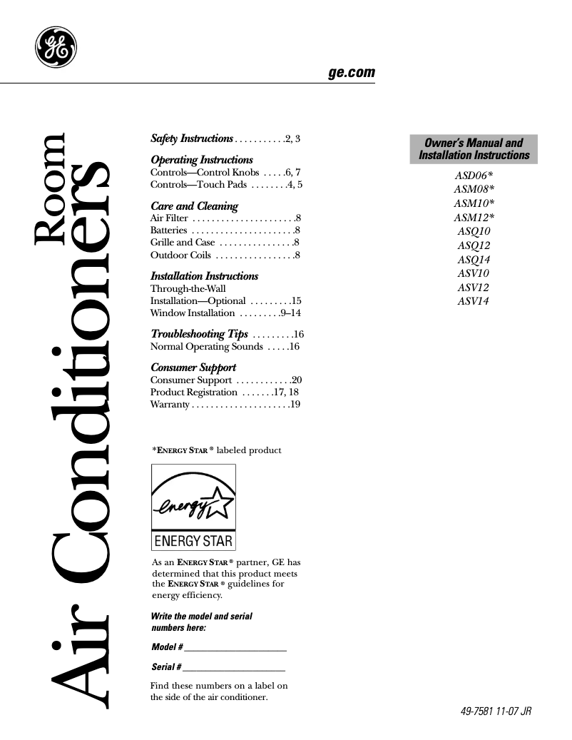 Page 1 of the manual Installation Guide GE ASQ14AL