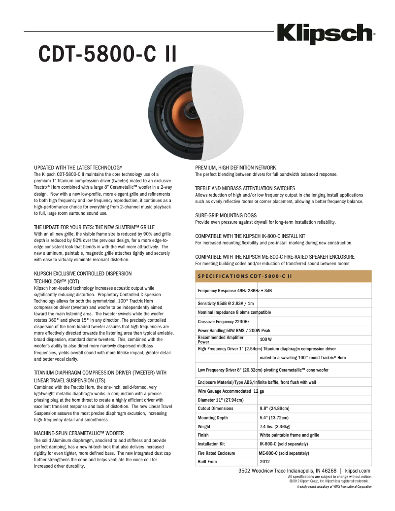 Page 1 of the manual Technical Sheet Klipsch CDT-5800-C II
