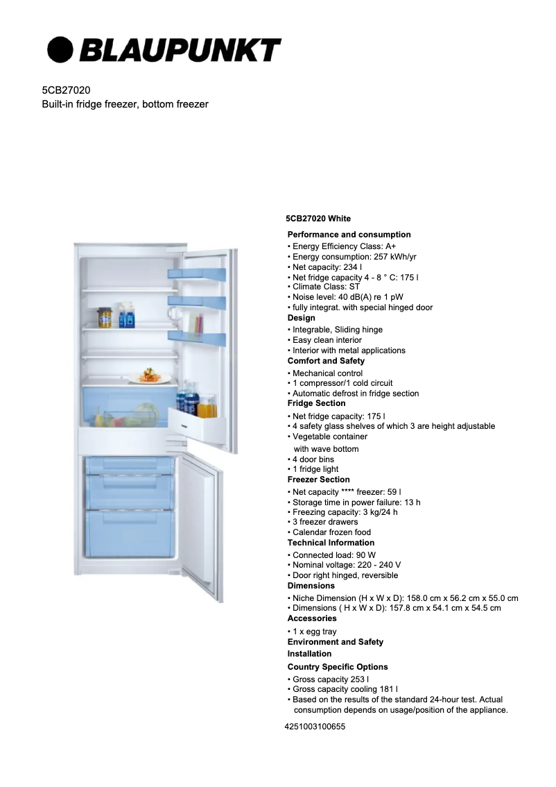 Page 1 of the manual Technical Sheet Blaupunkt 5CB27020