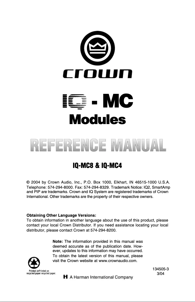First page image of the manual for IQ-MC4