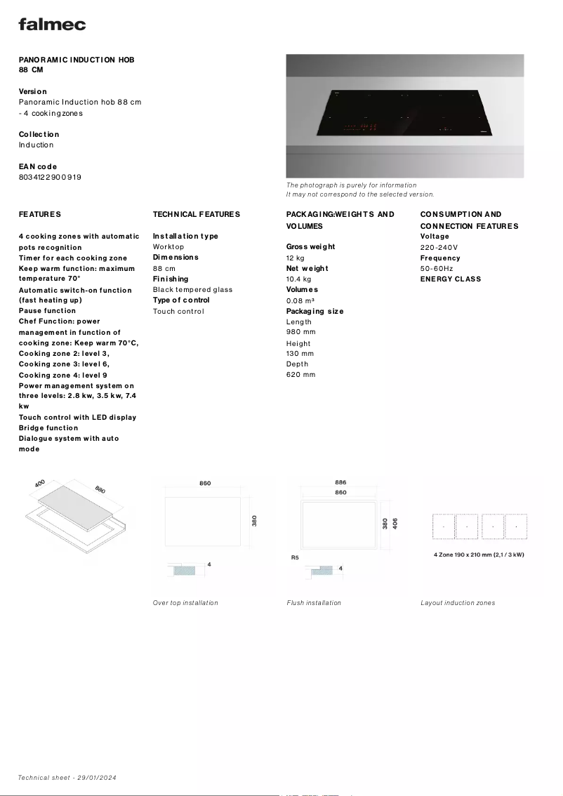 Page 1 of the manual Technical Sheet Falmec Induction Hob 88 cm