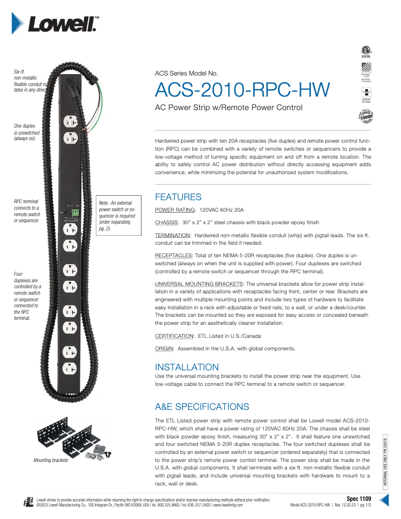First page image of the manual for ACS-2010-RPC-HW