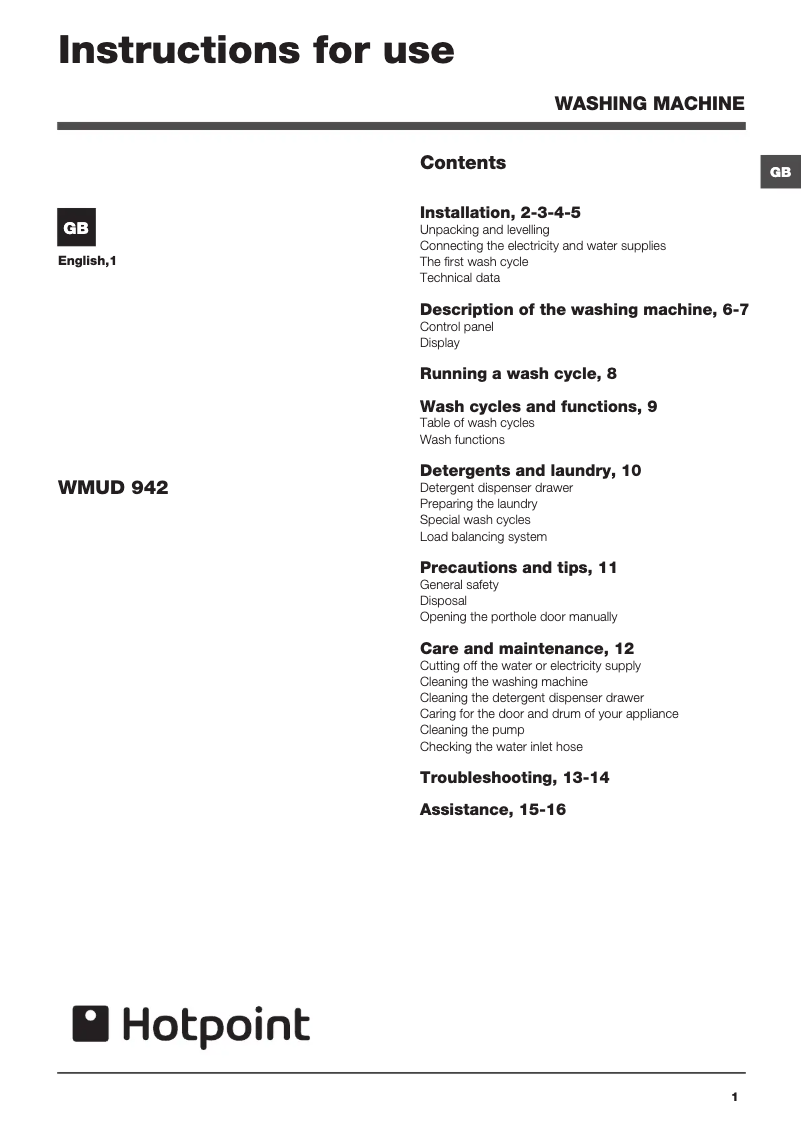 Page 1 of the manual User Manual Hotpoint WMUD 942B