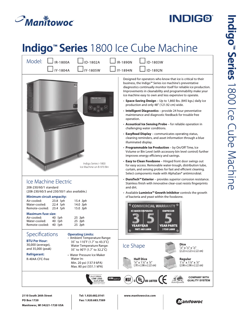 Page 1 de la notice Fiche technique Manitowoc ID-1892N