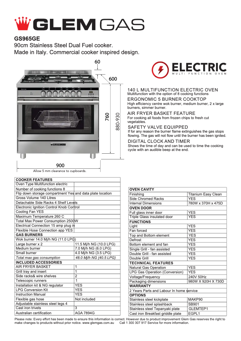 Page 1 of the manual Technical Sheet Glem Gas GS965GE