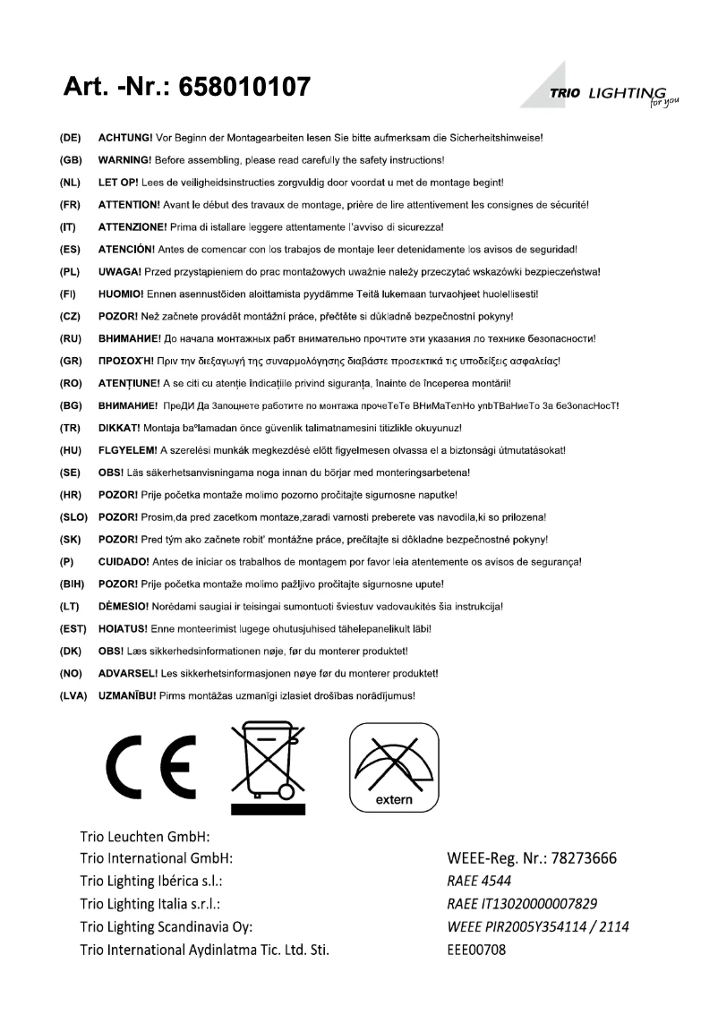 Page 1 of the manual User Manual Trio Lighting Hokkaido 658010107