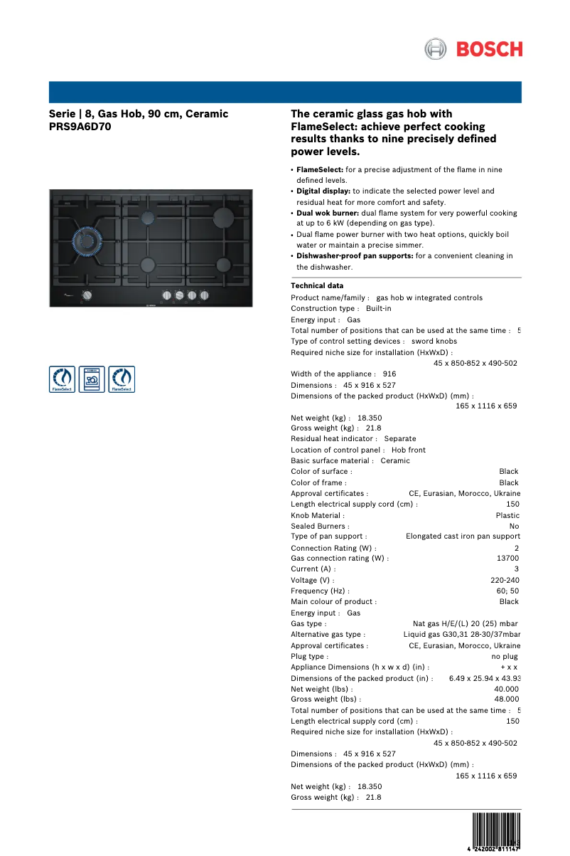 Page 1 of the manual Technical Sheet Bosch PRS9A6D70