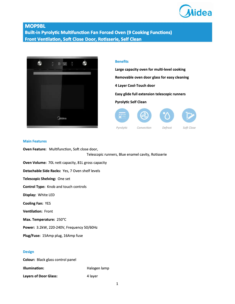 Page 1 of the manual Technical Sheet Midea MOP9BL