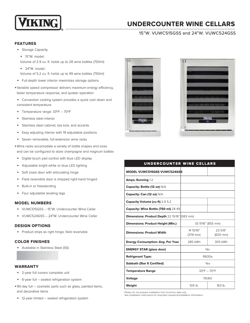 Page 1 of the manual Technical Sheet Viking VUWC515GSS