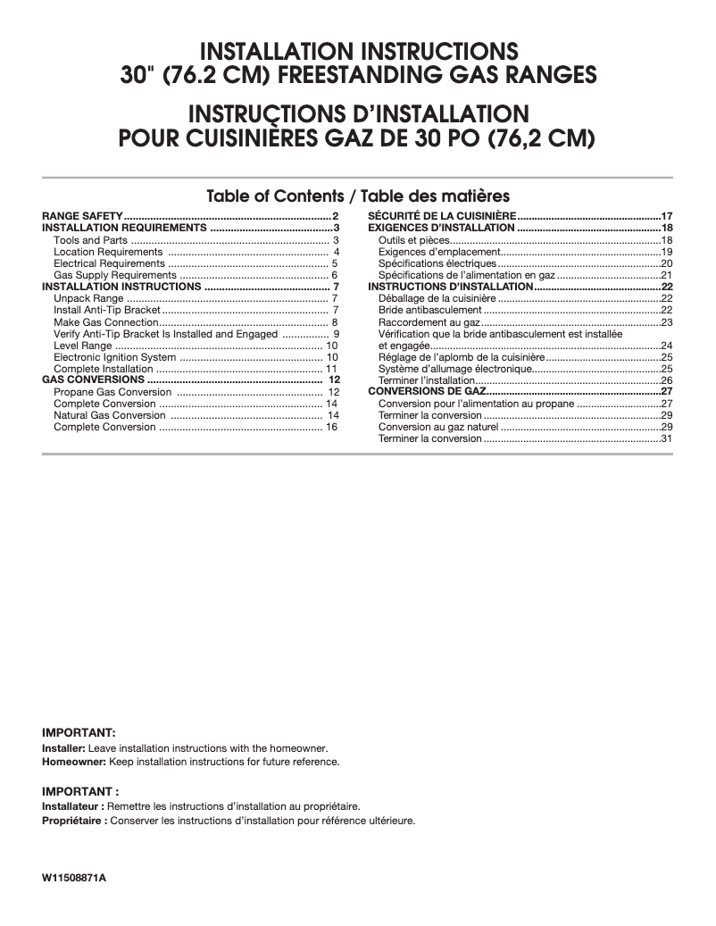Page 1 of the manual Installation Guide Whirlpool WFG505M0BS