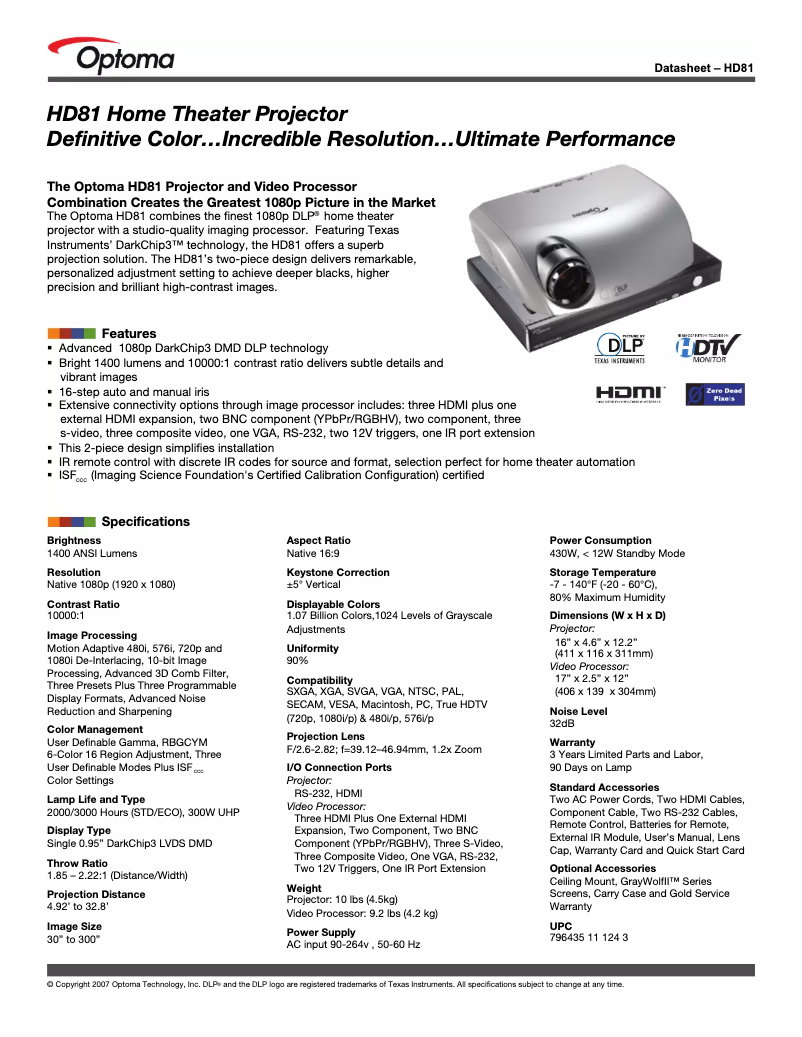 Page 1 of the manual User Manual Optoma HD81