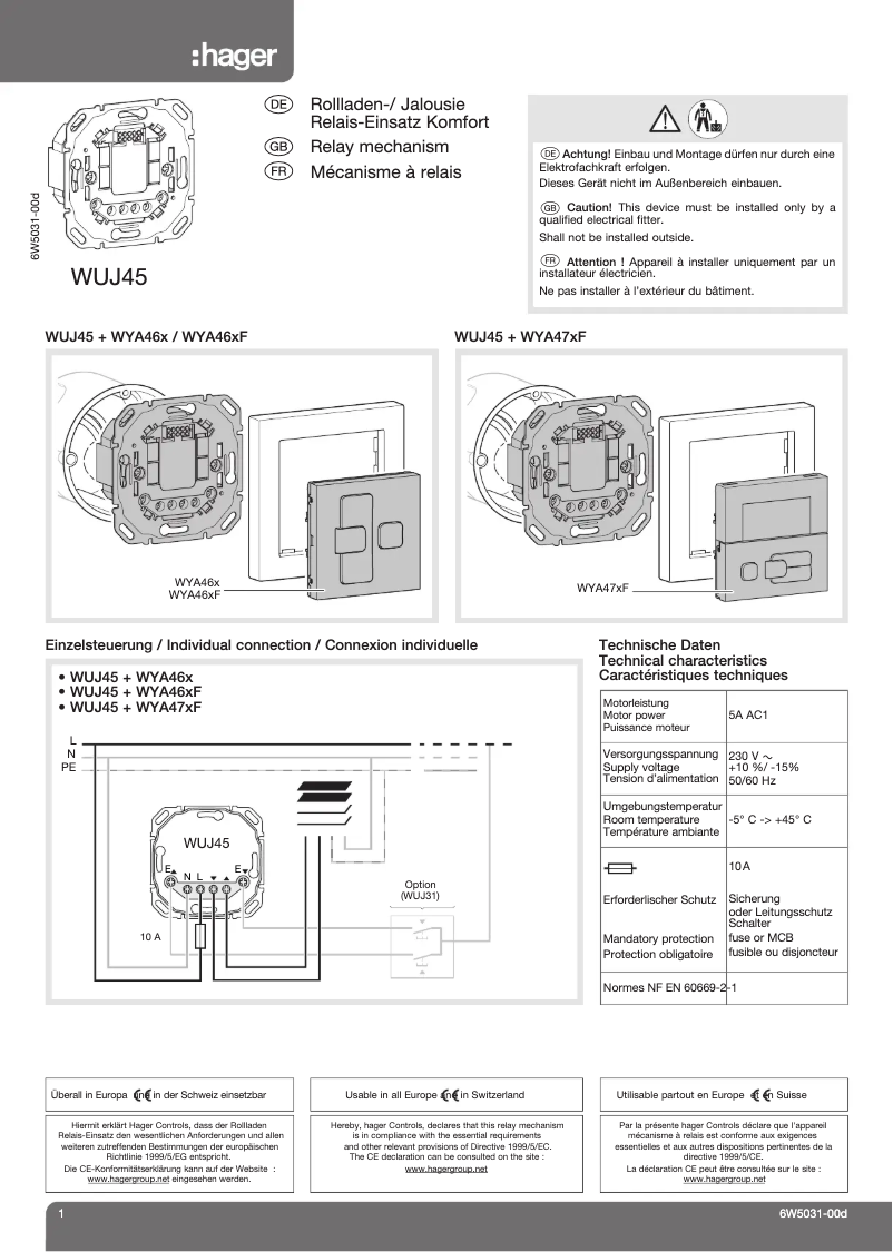 Page 1 of the manual User Manual Hager WUJ45