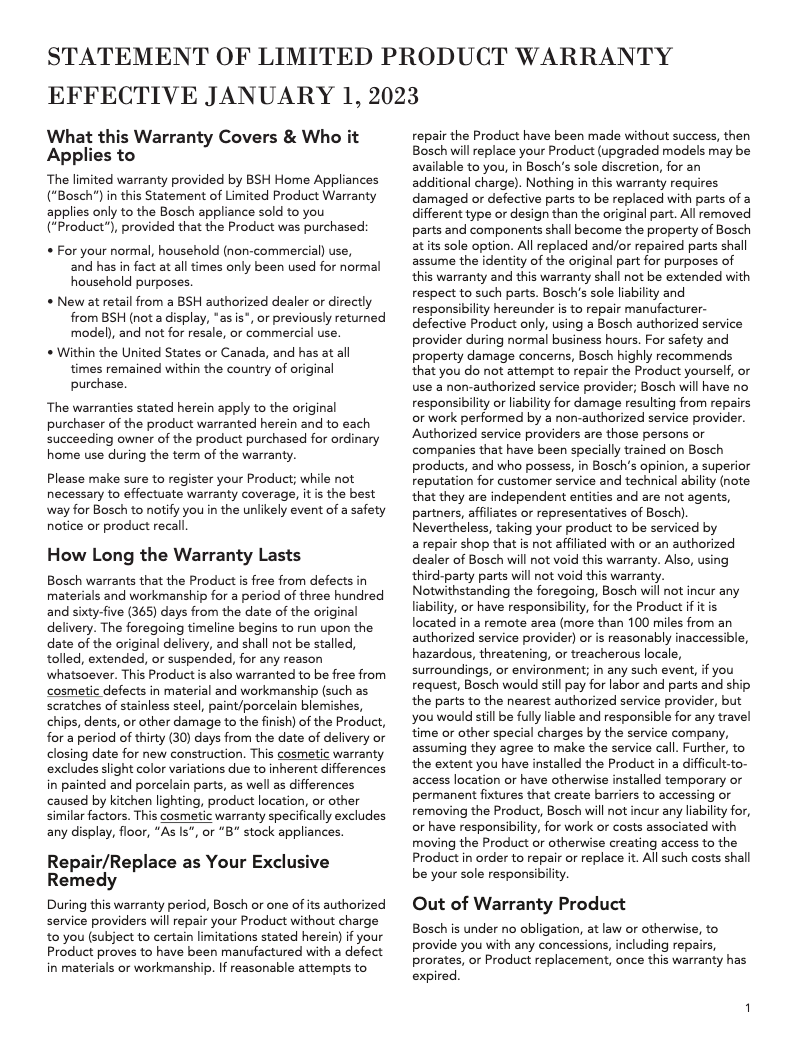 Page 1 of the manual Warranty Information Bosch NET8669SUC