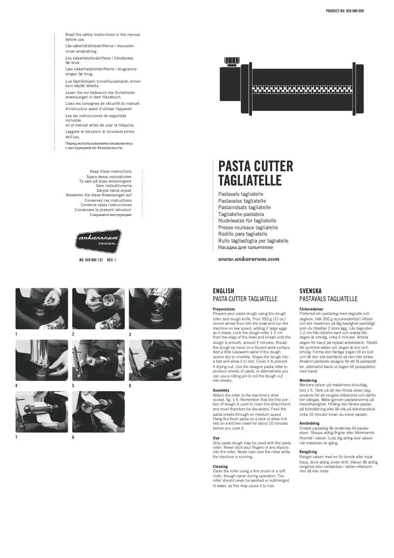 Page 1 of the manual User Manual Ankarsrum Pasta Cutter Tagliatelle