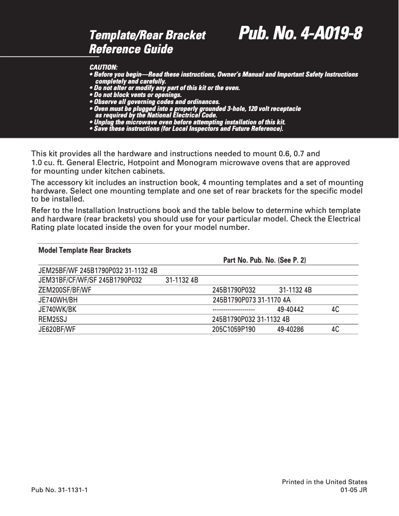 First page image of the manual for JE740WK