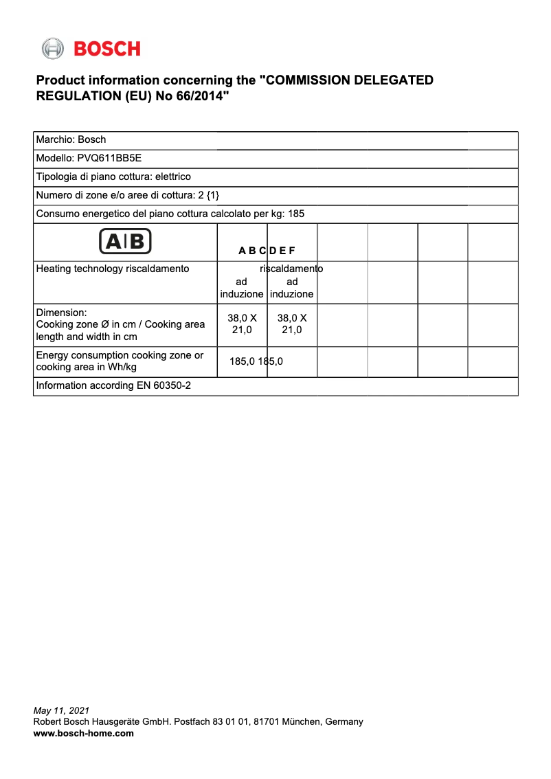 Page 1 of the manual Technical Sheet Bosch PVQ611BB5E