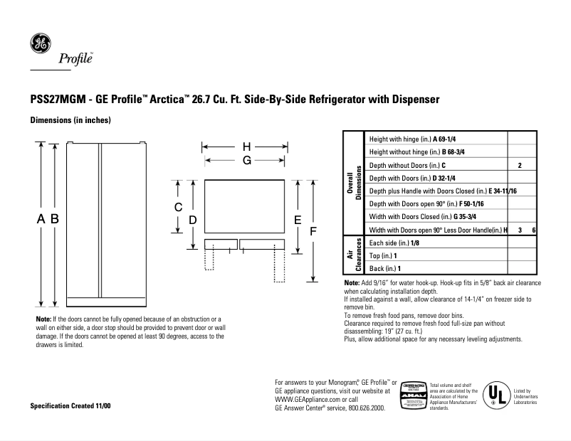 Page 1 of the manual Technical Sheet GE Profile Arctica PSS27MGMCC