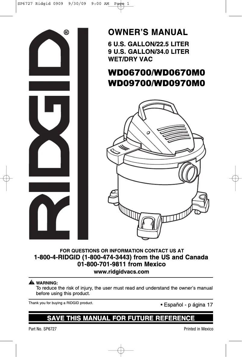 Page 1 of the manual User Manual Ridgid WD0970