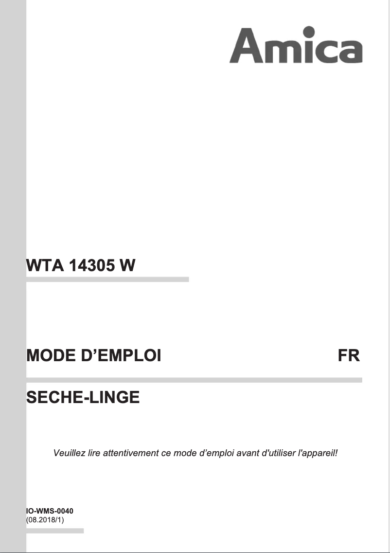 Page 1 of the manual User Manual Amica WTA 14305 W