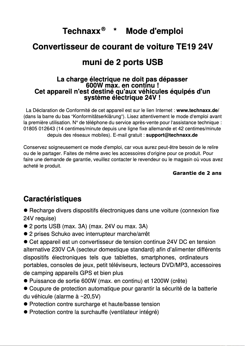 Page 1 de la notice Manuel utilisateur Technaxx TE19 24V